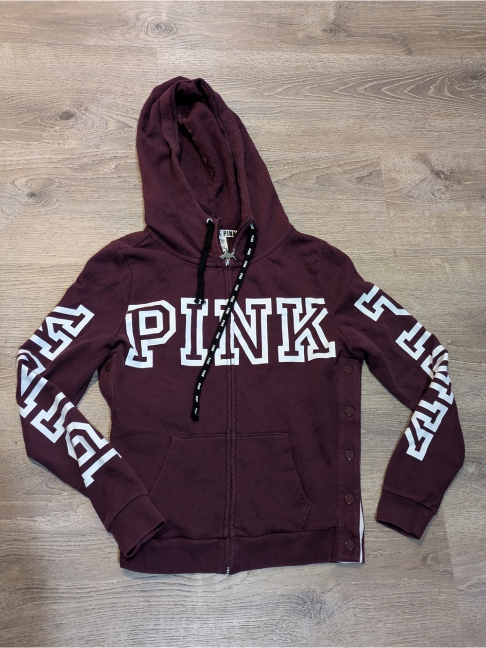 PINK Victoria’s Secret Burgundy Zip-Up Hoodie Size S Graphic Logo Sleeve Print